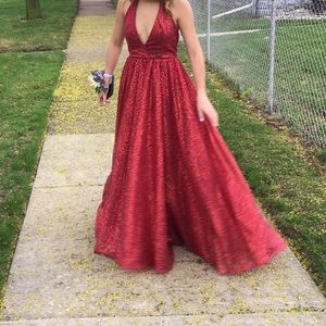 Red halter neck sparkly prom dress